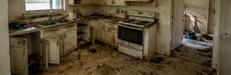 Abandoned kitchen with grime across every surface and cabinets stripped out