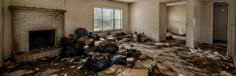 Living room filled with bagged rubbish and scattered belongings around a brick fireplace