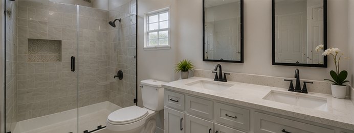 The same bathroom rebuilt with a tiled glass shower and a double vanity