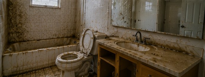 Filthy bathroom with a stained tub, damaged vanity and a clouded mirror