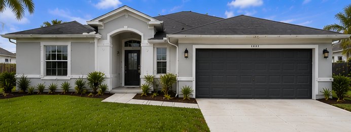 The same elevation after work: new sod, fresh plant beds, a cleaned drive and a new garage door