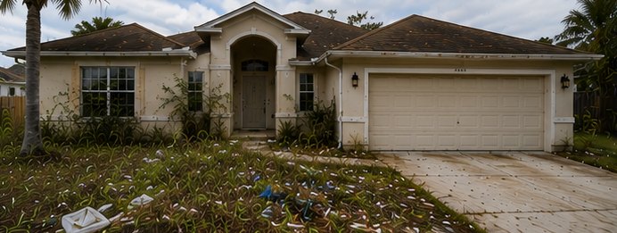 Front of a vacant house with litter scattered across a dead lawn and a stained driveway