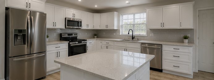 The same kitchen rebuilt with white shaker cabinets, a quartz island and new appliances