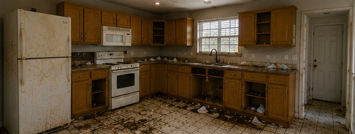 Neglected kitchen with soiled oak cabinets, missing doors and debris across the tile floor