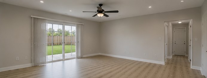 The same room after work: patched and painted walls and new plank flooring