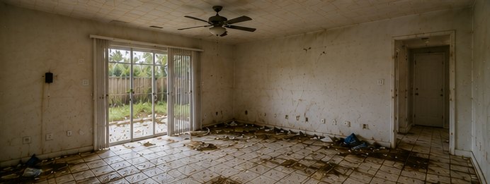Vacant living area with stained walls and debris across a damaged tile floor
