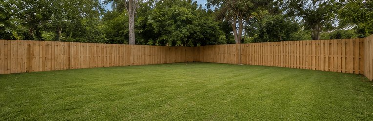 The same back yard after cleanout: cleared, mowed and a new privacy fence