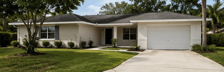 The same rental after the turn: fresh sod, trimmed beds and a clean driveway