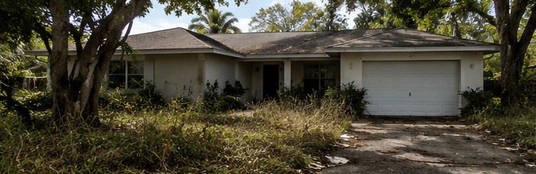 Single-family rental before turn: overgrown beds and washed-out driveway