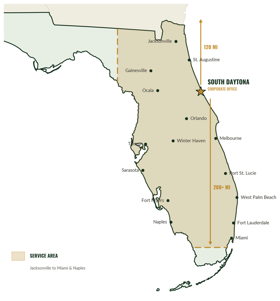 Palm State Florida service area map — coverage from Jacksonville south to Miami and Naples, centered on the South Daytona corporate office